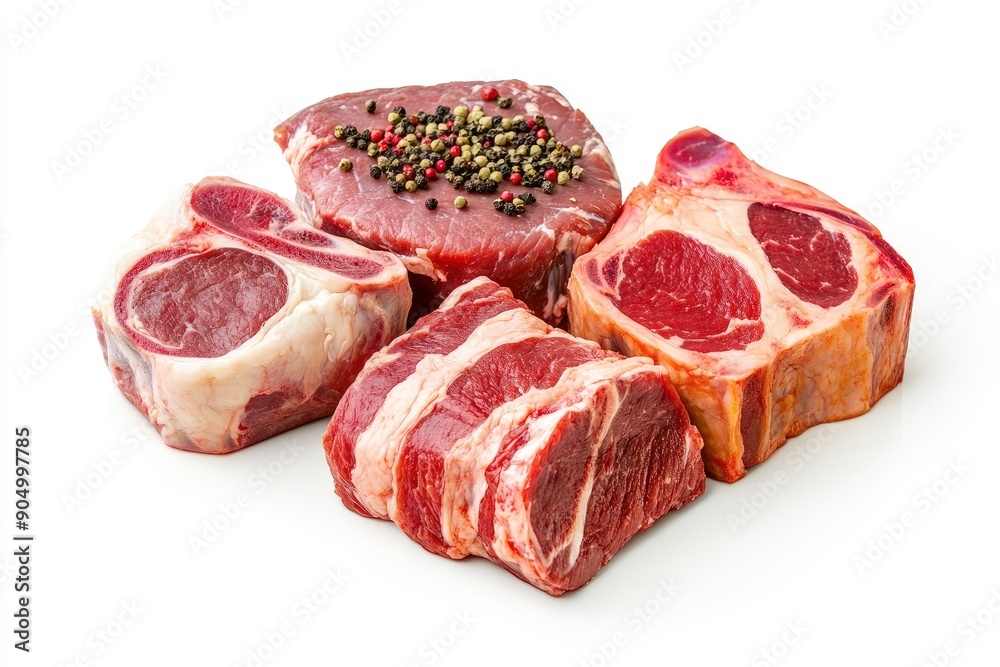 Meat assortment, different raw meat isolated on white background, full depth of field , ai Meat assortment, different raw meat isolated on white background, full depth of field , ai