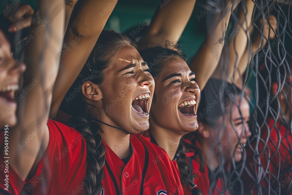 Softball players showcasing team spirit in dugout, cheering together with unity and support Softball players showcasing team spirit in dugout, cheering together with unity and support