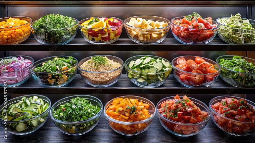 Variety of salads in glass bowls on a shelf in a supermarket Variety of salads in glass bowls on a shelf in a supermarket