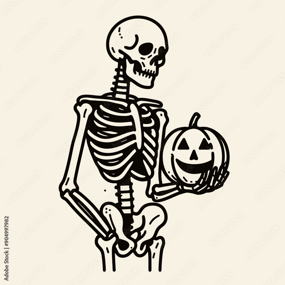  Skeleton holding a jack o  lantern Silhouette Cute Doodle Cartoon Line Art Vector Clipart illustration  