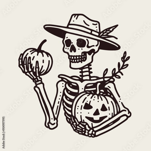  Skeleton holding a jack o  lantern Silhouette   Cute Doodle Cartoon Line Art Vector Clipart illustration