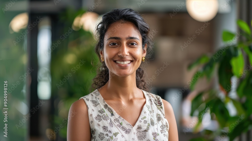 Smiling young confident woman of Indian ethnicity standing in a corporate office Smiling young confident woman of Indian ethnicity standing in a corporate office