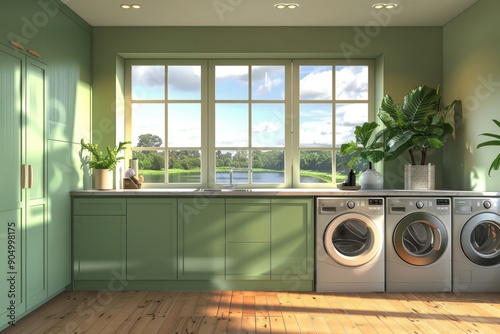 Modern laundry room with green cabinets, washer, dryer, wooden floor, 3d rendering