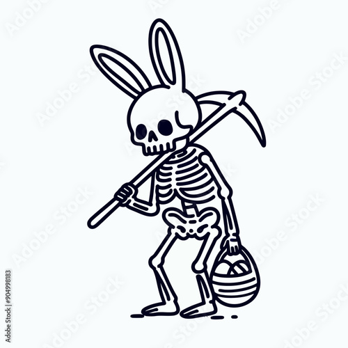  Skeleton in a Easter bunny costume Silhouette Cute Doodle Cartoon Line Art Vector Clipart illustration  