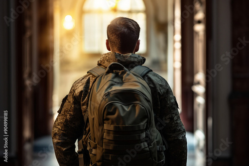 Generative AI illustration of soldier in uniform back home