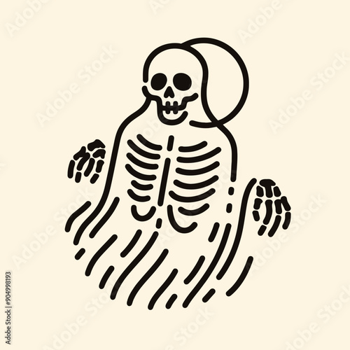  Skeleton in a ghost sheet Silhouette Cute Doodle Cartoon Line Art Vector Clipart illustration  