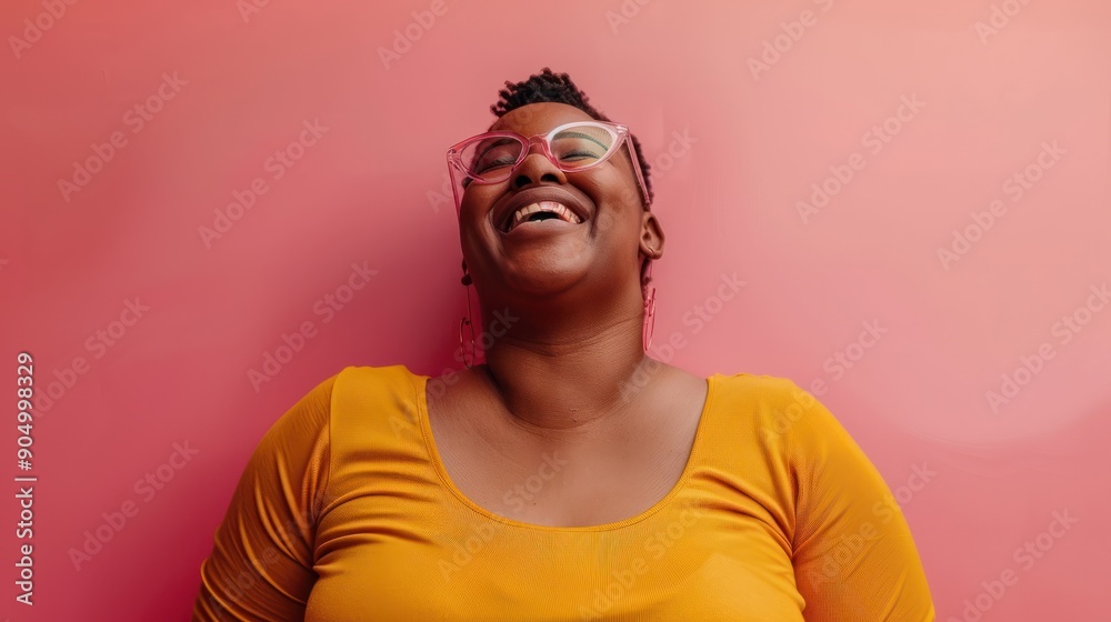 Obraz premium studio portrait of confident overweight happy black woman embodying body positivity and a positive attitude
