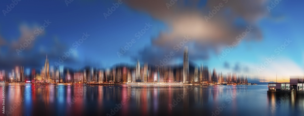 Fototapeta premium A blurred cityscape at dusk with a waterfront building and a reflection in the water.