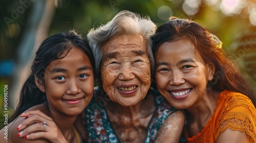 Three generations of Asian women smiling in a family portrait, embracing the power of family bonds and togetherness