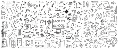 A set of hand-drawn stationery drawings. Back to school concept. School supplies in doodle style. Vector illustration