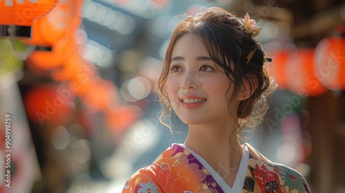 Young Woman in Traditional Kimono Smiling in Vibrant Festival Market During Late Afternoon