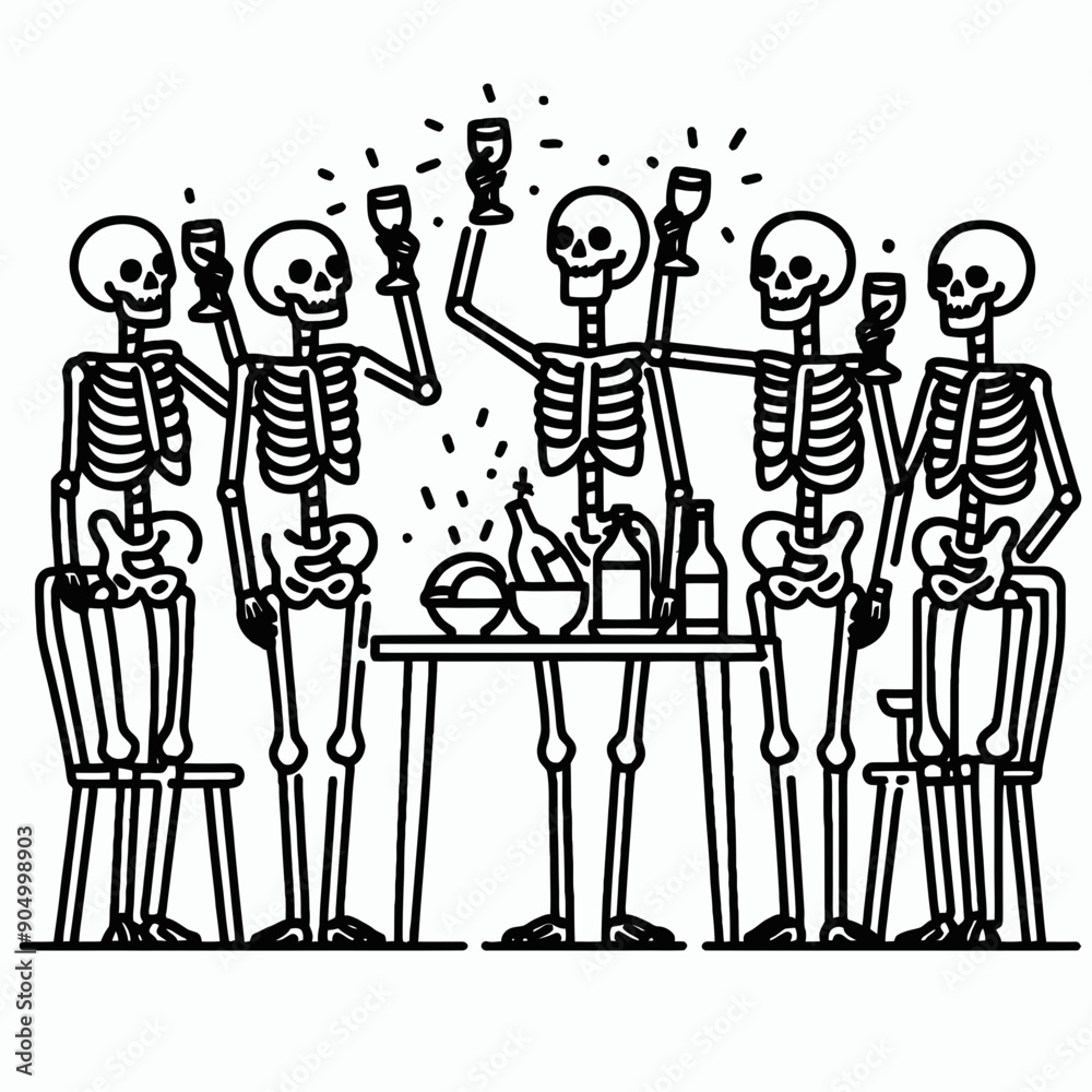 Skeleton making a toast with a group of skeletons New Year celebration party Silhouette Cute Doodle Cartoon Line Art Vector Clipart illustration Skeleton making a toast with a group of skeletons New Year celebration party Silhouette Cute Doodle Cartoon Line Art Vector Clipart illustration
