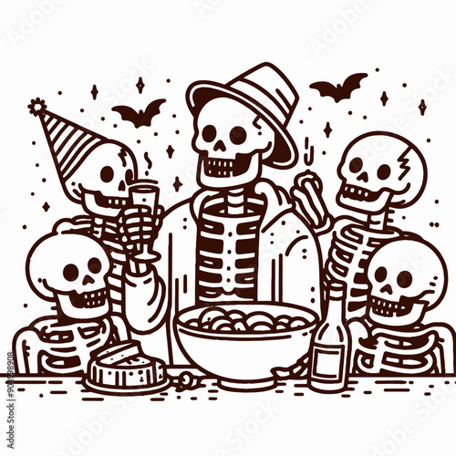 Skeleton making a toast with a group of skeletons New Year celebration party Silhouette  Cute Doodle Cartoon Line Art Vector Clipart illustration