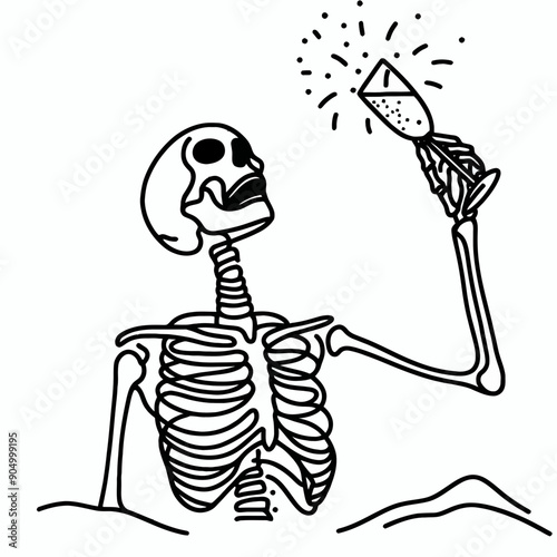 Skeleton raising a champagne glass New Year celebration party Silhouette   Cute Doodle Cartoon Line Art Vector Clipart illustration