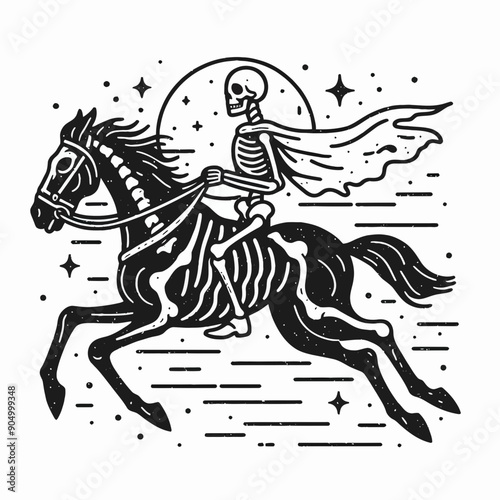  Skeleton riding a ghost horse Silhouette Cute Doodle Cartoon Line Art Vector Clipart illustration  