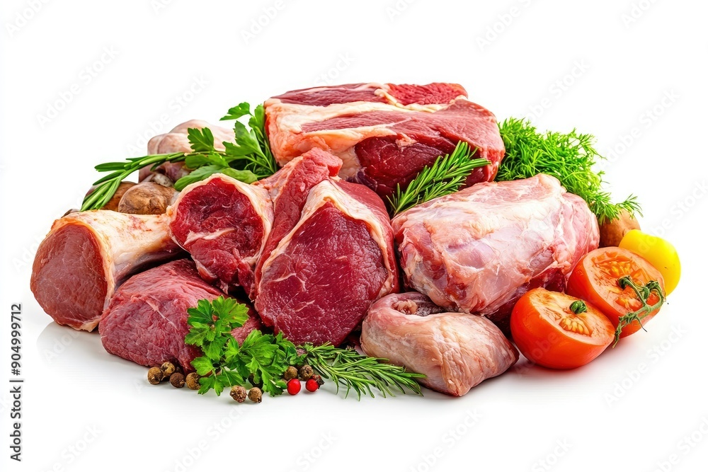 Meat assortment, different raw meat isolated on white background, full depth of field , ai Meat assortment, different raw meat isolated on white background, full depth of field , ai