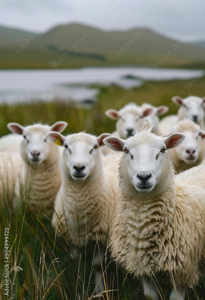 A herd of sheep standing on top of a lush green field A herd of sheep standing on top of a lush green field