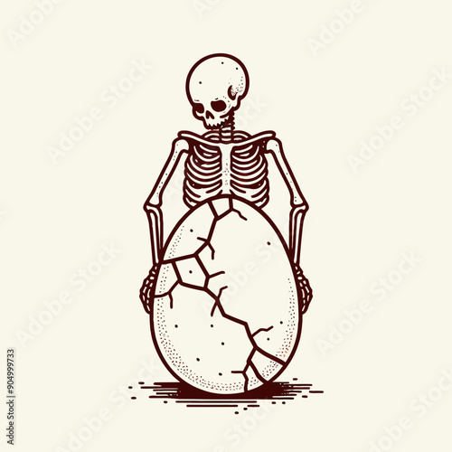  Skeleton with a cracked giant Easter egg Silhouette Cute Doodle Cartoon Line Art Vector Clipart illustration  