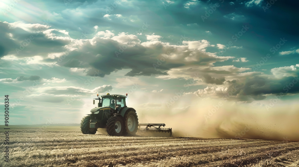 Obraz premium A powerful tractor cultivates a sunlit field, kicking up dust as it works the rich soil beneath a breathtaking sky filled with dynamic clouds
