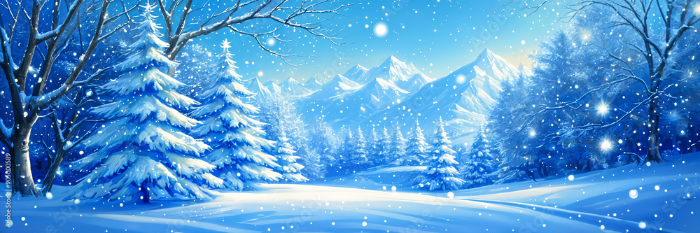 Fototapeta premium Serene winter landscape with snow-covered trees, mountains, and a clear blue sky dotted with fluffy white clouds.