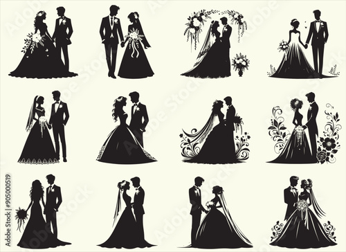 Wedding Couple Silhouette Vector Illustration