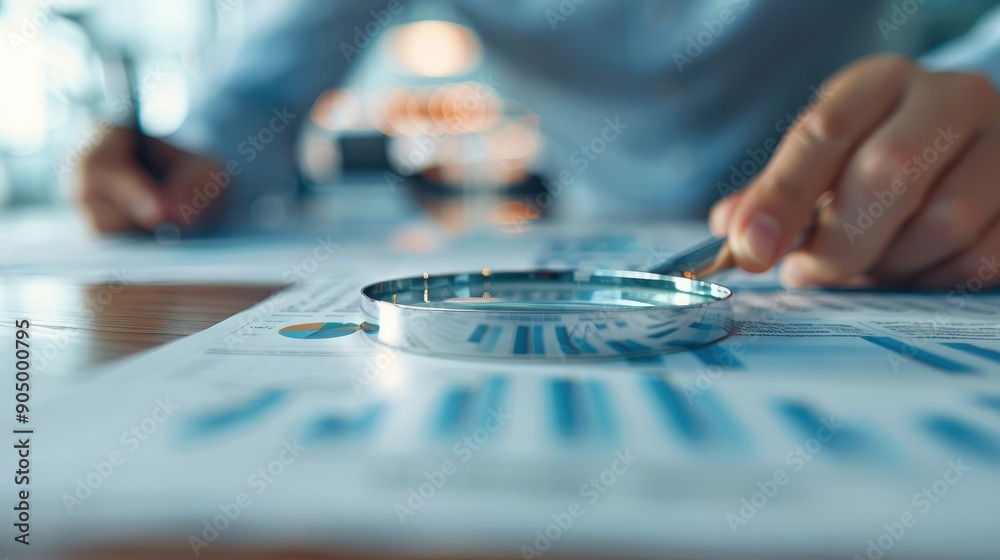 A hand holds a magnifying glass over a detailed financial report. A hand holds a magnifying glass over a detailed financial report.