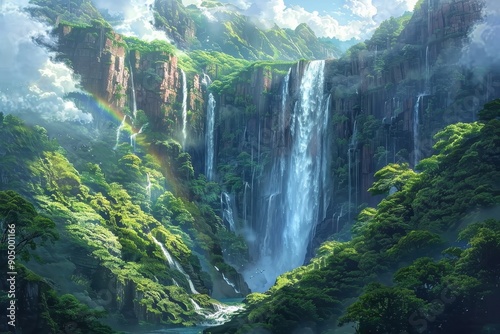 A majestic waterfall with a rainbow created by sunlight and mist. © cloud7days
