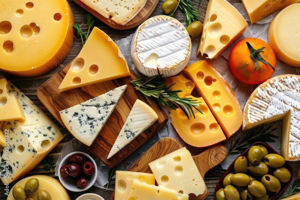 A variety of cheeses are arranged on wooden cutting boards. Perfect for use in food and drink content, this photo shows a selection of cheese for a cheeseboard. A variety of cheeses are arranged on wooden cutting boards. Perfect for use in food and drink content, this photo shows a selection of cheese for a cheeseboard.