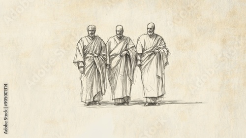 Exodus:The Priestly Garments Completed, Biblical Illustration of Priests Dressed in Sacred Garments, Standing Together in Unity and Readiness for Service - Bible Wall Art on Beige Background photo