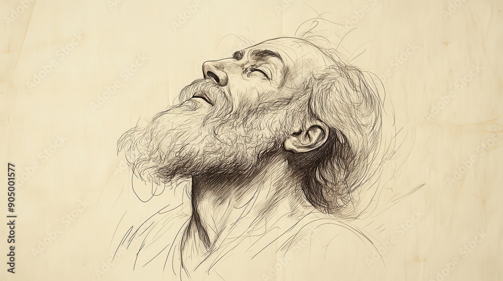 Fototapeta premium The Song of Moses and Miriam,Moses Looking Up Towards Heavens, Singing with Deep Emotion and Thankfulness - Biblical Illustration, Bible Wall Art, Beige Background - Exodus Song of Moses and Miriam