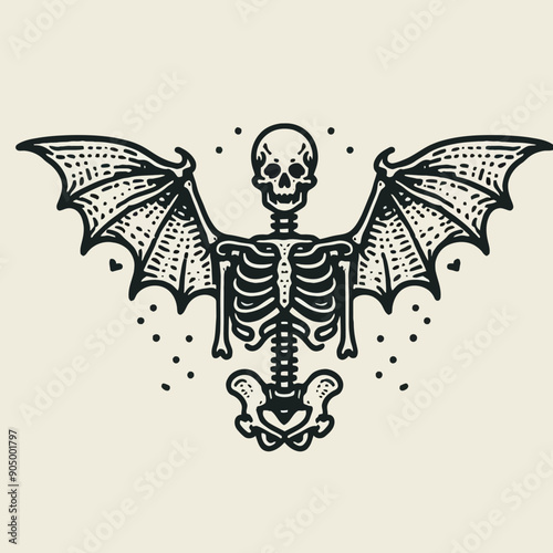  Skeleton with bat wings Silhouette   Cute Doodle Cartoon Line Art Vector Clipart illustration