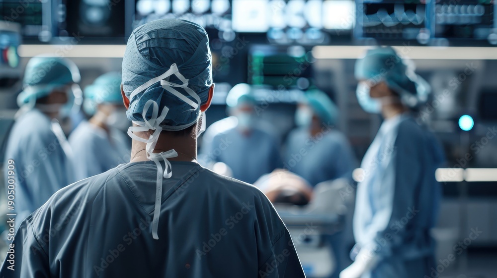 Wide shot of an operating room, capturing the surgeon and their team working together. Wide shot of an operating room, capturing the surgeon and their team working together.