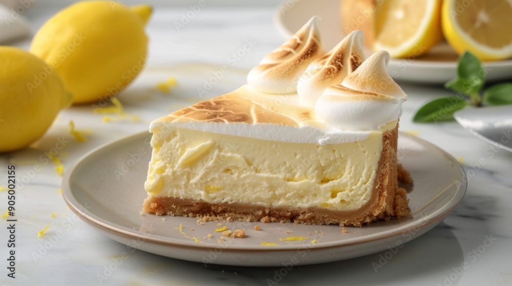 Lemon Meringue Pie Slice on Plate with Lemons in Background Lemon Meringue Pie Slice on Plate with Lemons in Background