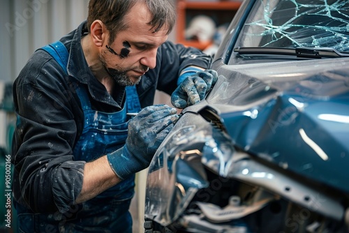 Master technician meticulously repairs car, straightening dents for safety and appearance photo