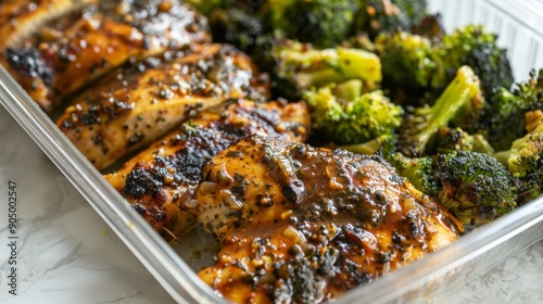 Grilled Chicken and Broccoli Meal in Glass Dish photo