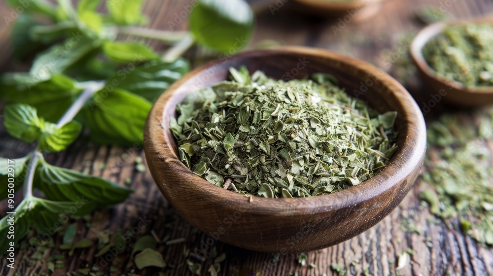 Aromatic Dried Oregano in Wooden Bowl with Fresh Leaves Aromatic Dried Oregano in Wooden Bowl with Fresh Leaves