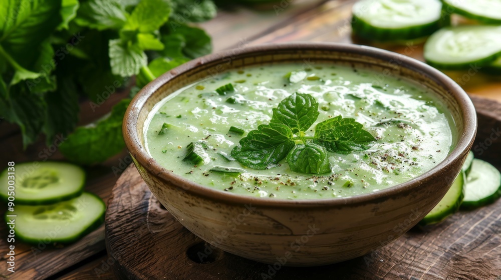 Cucumber Yogurt Salad with Fresh Mint and Spices Close-Up. Persian-Style Chilled Cucumber Soup Cucumber Yogurt Salad with Fresh Mint and Spices Close-Up. Persian-Style Chilled Cucumber Soup