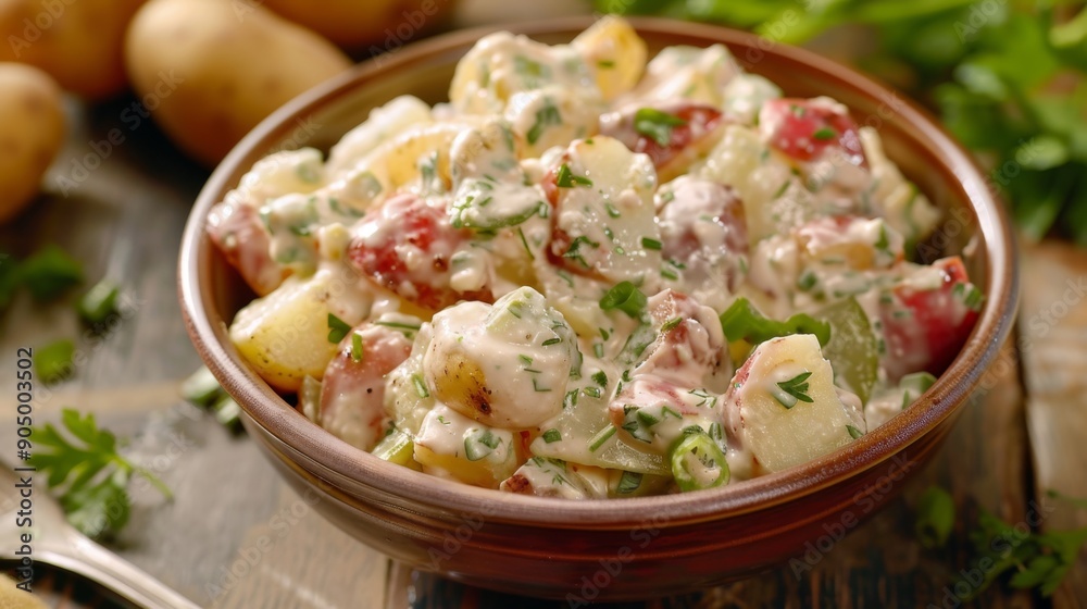 Creamy Potato Salad with Fresh Herbs and Red Onion. Ranch Potato Salad