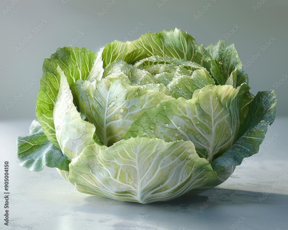 Obraz premium a green cabbage on a white table against a pale grey background. The cabbage is crisp and fresh with water droplets on the leaves.