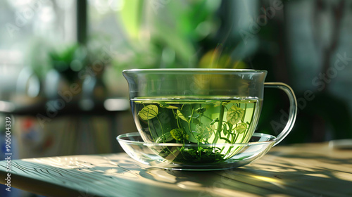 Freshly brewed herbal tea in a glass cup