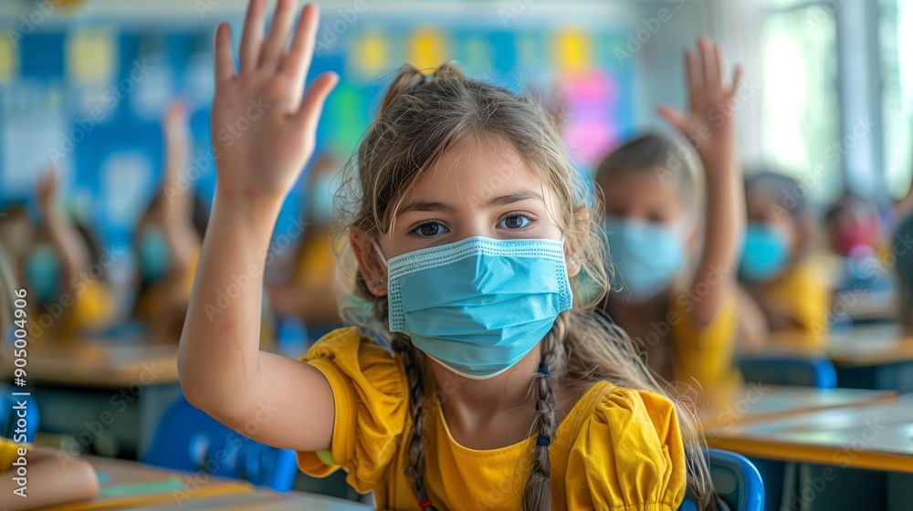 Young Student Wearing Face Mask Raises Hand in Classroom During Health Protocols