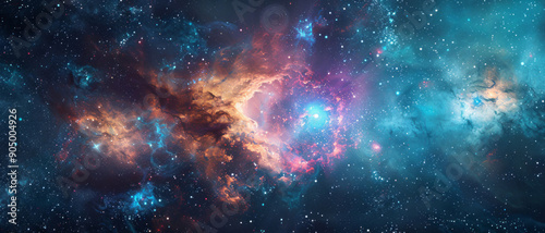 A vibrant galaxy with swirling nebulae and distant stars in a vivid blue gradient equirectangular panorama style, creating depth and space between celestial bodies.