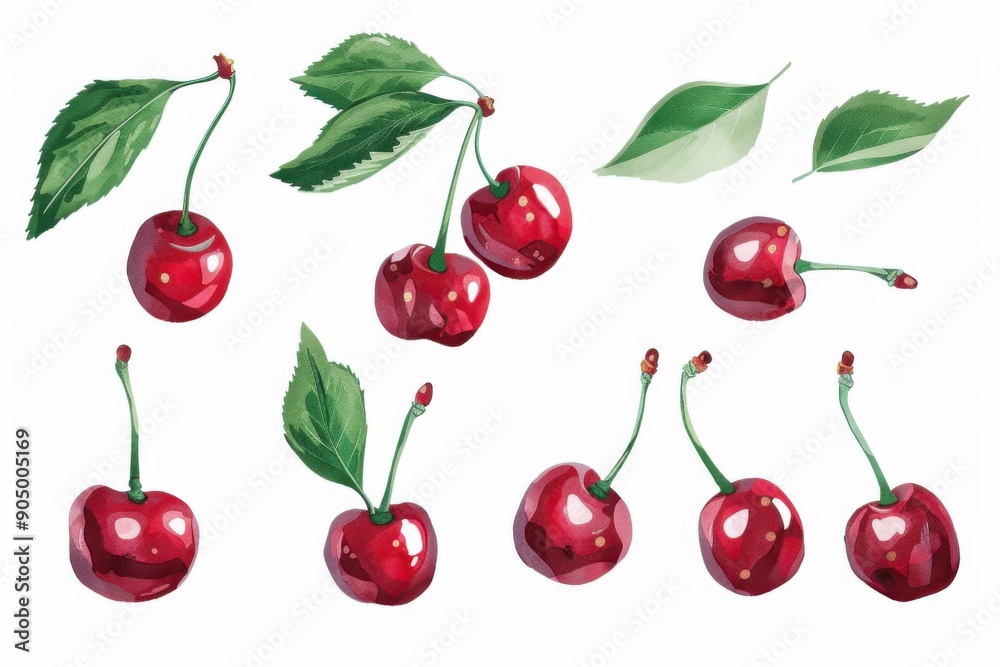 Illustration set of vibrant red cherries with green leaves on white background