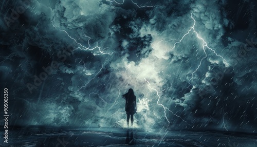 Symbolic photography of heartbreak  person in storm, tears as rain, lightning as emotional turmoil