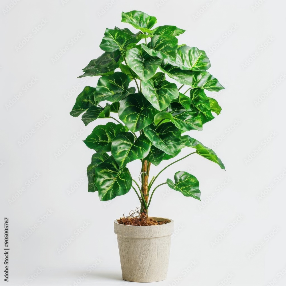 Fototapeta premium A lush green plant with large leaves in a gray pot