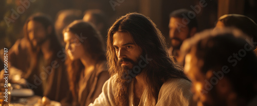  Jesus Christ sitting at the last supper table eating bread in front of crowd wearing simple ancient ,  photo