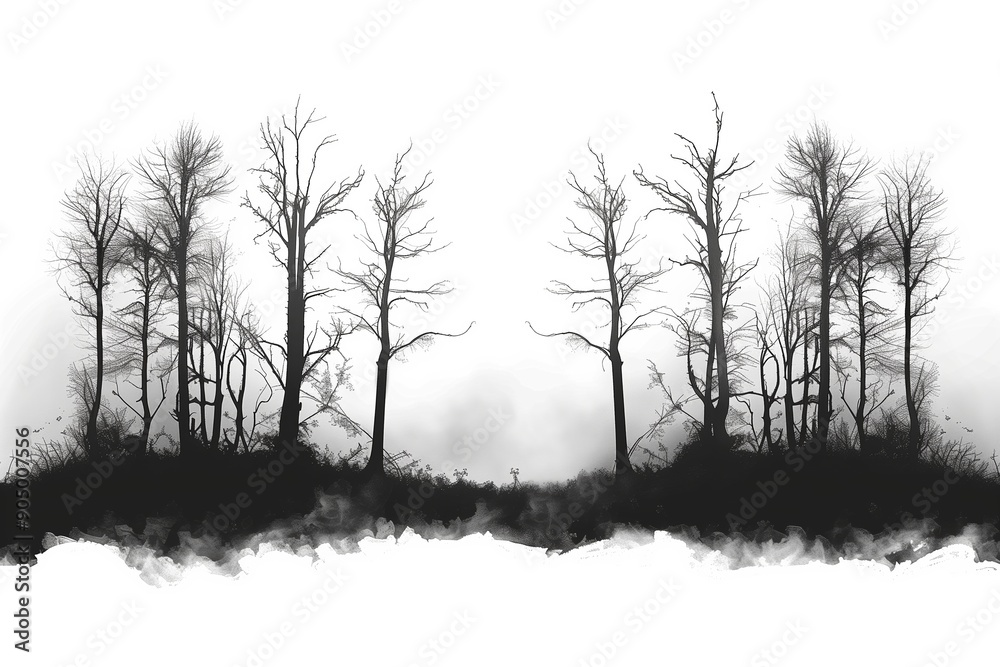 Isolated Halloween Spooky Night Forest on White Background with High Contrast Isolated Halloween Spooky Night Forest on White Background with High Contrast
