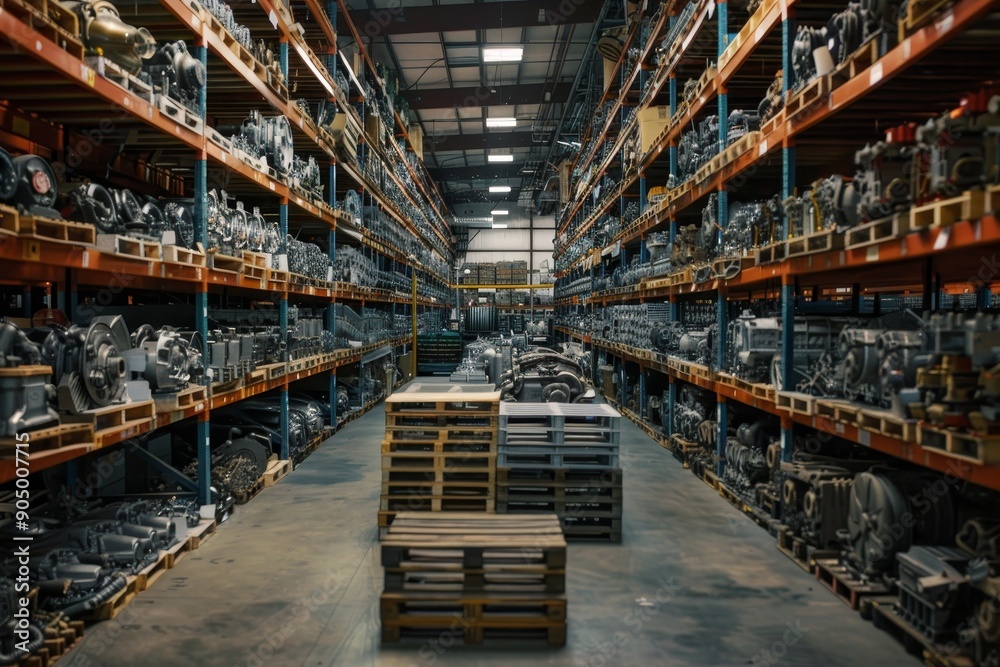 Fototapeta premium Neatly arranged car engines and components in warehouse display for auto parts business