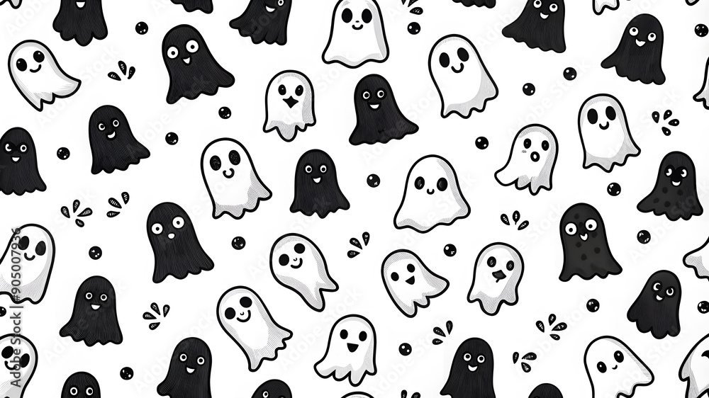 Fototapeta premium Seamless pattern of ghosts doodle black on a white background. For textiles, packaging, holiday decoration. Good for prints, wrapping paper, scrapbooking, stationery, packaging, wallpaper,