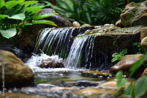 Close up of serene waterfall flowing over rocks in a lush green park environment